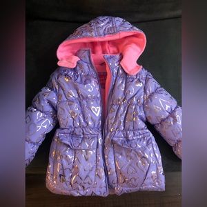 NWOT Purple, Hot Pink, w/ rose gold heart design winter coat